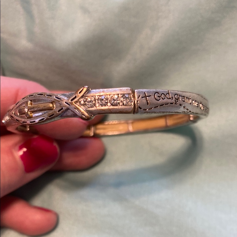Intricate Silver and Gold Bangle Bracelet with Bow Design with Serenity prayer